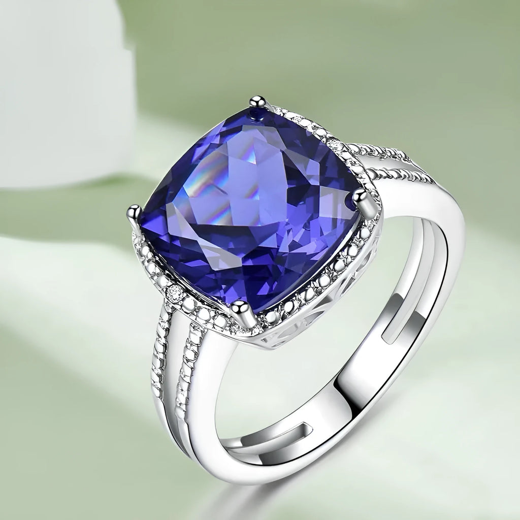 Women's sterling silver ring with blue tanzanite stone in sizes 6 to 10