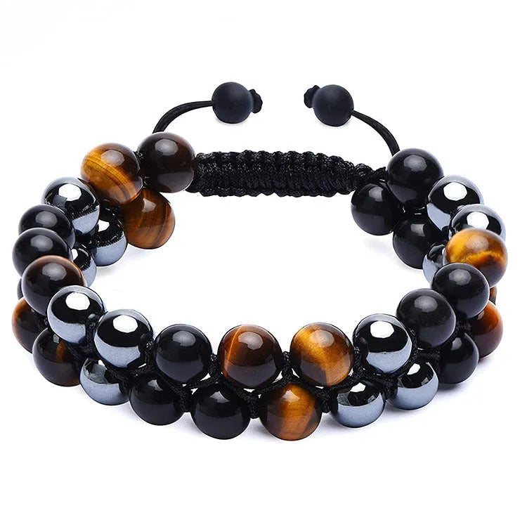 Men's double-layer woven tiger eye stone bracelet with bright magnetic clasp, blue yellow colourway