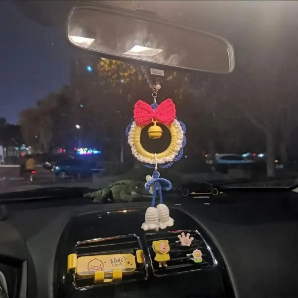 Handmade yarn weaving plush car hanging ornament in Snow White style with red wind chime option