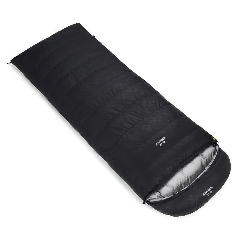 Black adult down sleeping bag with envelope structure for outdoor camping