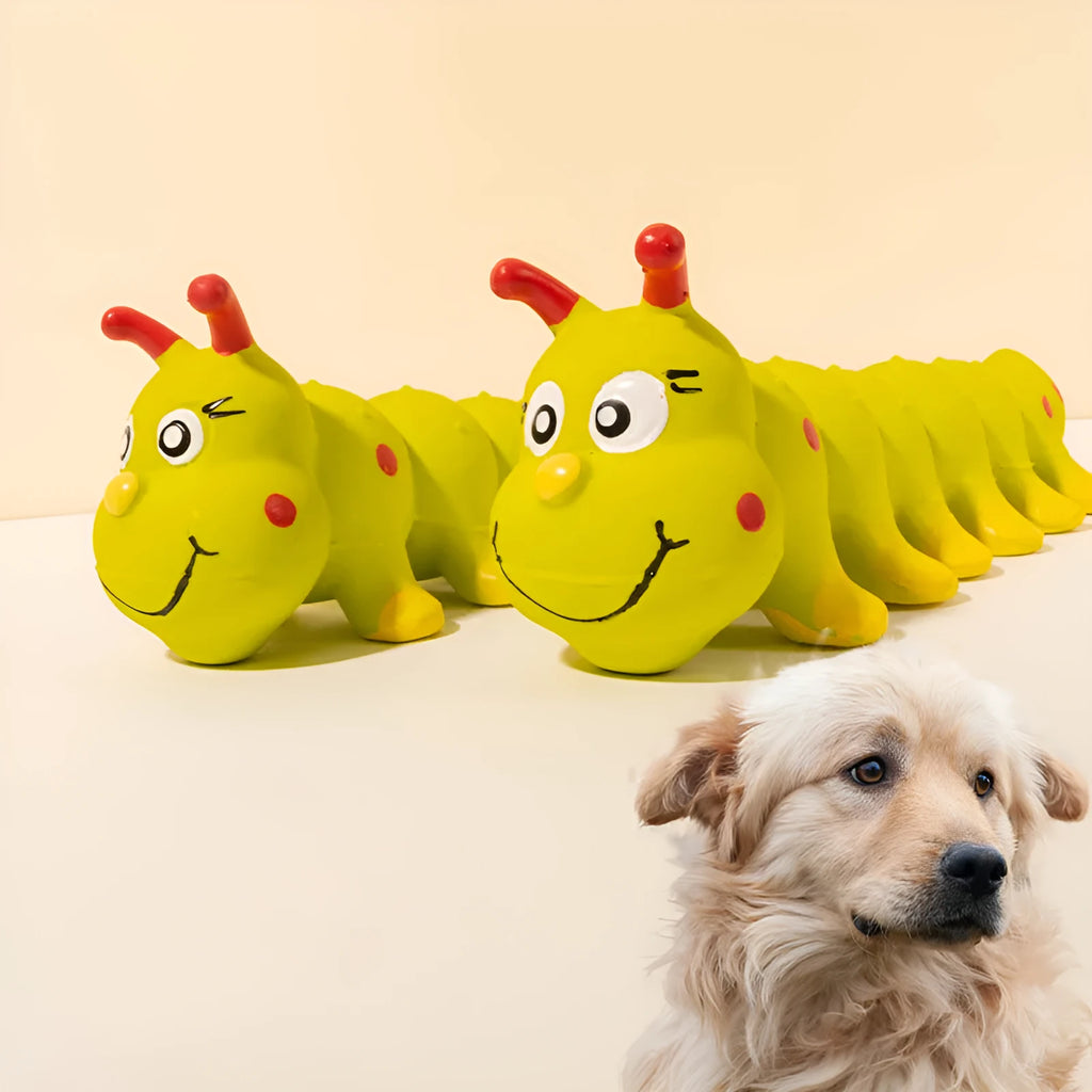 Yellow rubber caterpillar squeaky chew toy for small dogs, 25.5 cm long.