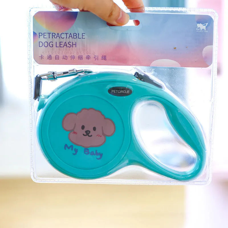 Plastic retractable dog leash 5 metres long cartoon design in blue, pink, and yellow colours