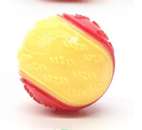 Red and blue TPR rubber dog training ball with squeaker, 6.5cm in diameter
