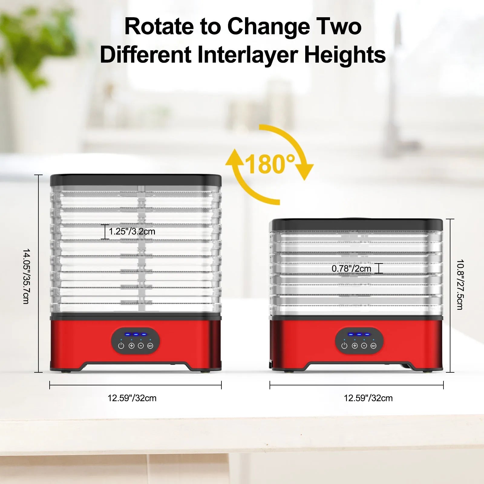 Silver household food dehydrator with 8 stacking trays, shown at full 36.5cm height.