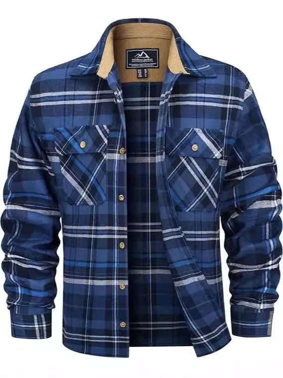 Man wearing a long-sleeved plaid flannel shirt in a cardigan style with a button-up front.