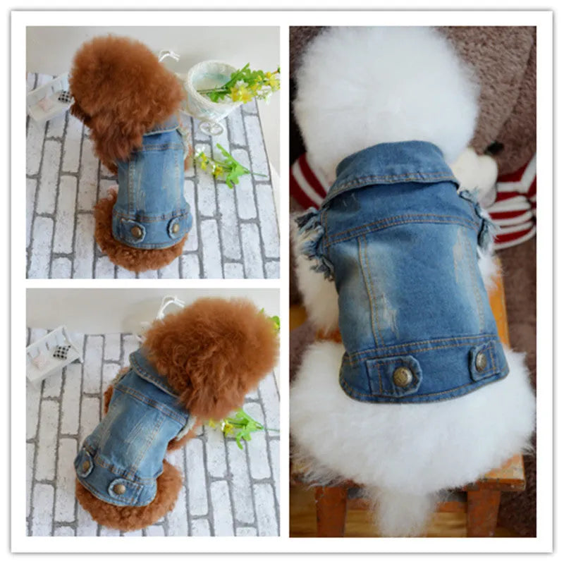 Retro scratch pattern denim dog vest in dark and light wash colours for small breeds