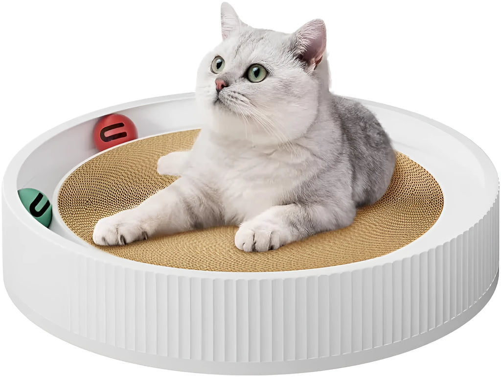Large green circular cat scratching board with bell balls and a white spring toy in the centre.