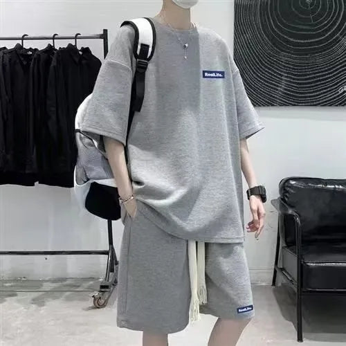 Cotton waffle knit leisure sports suit set with short sleeves and shorts in grey