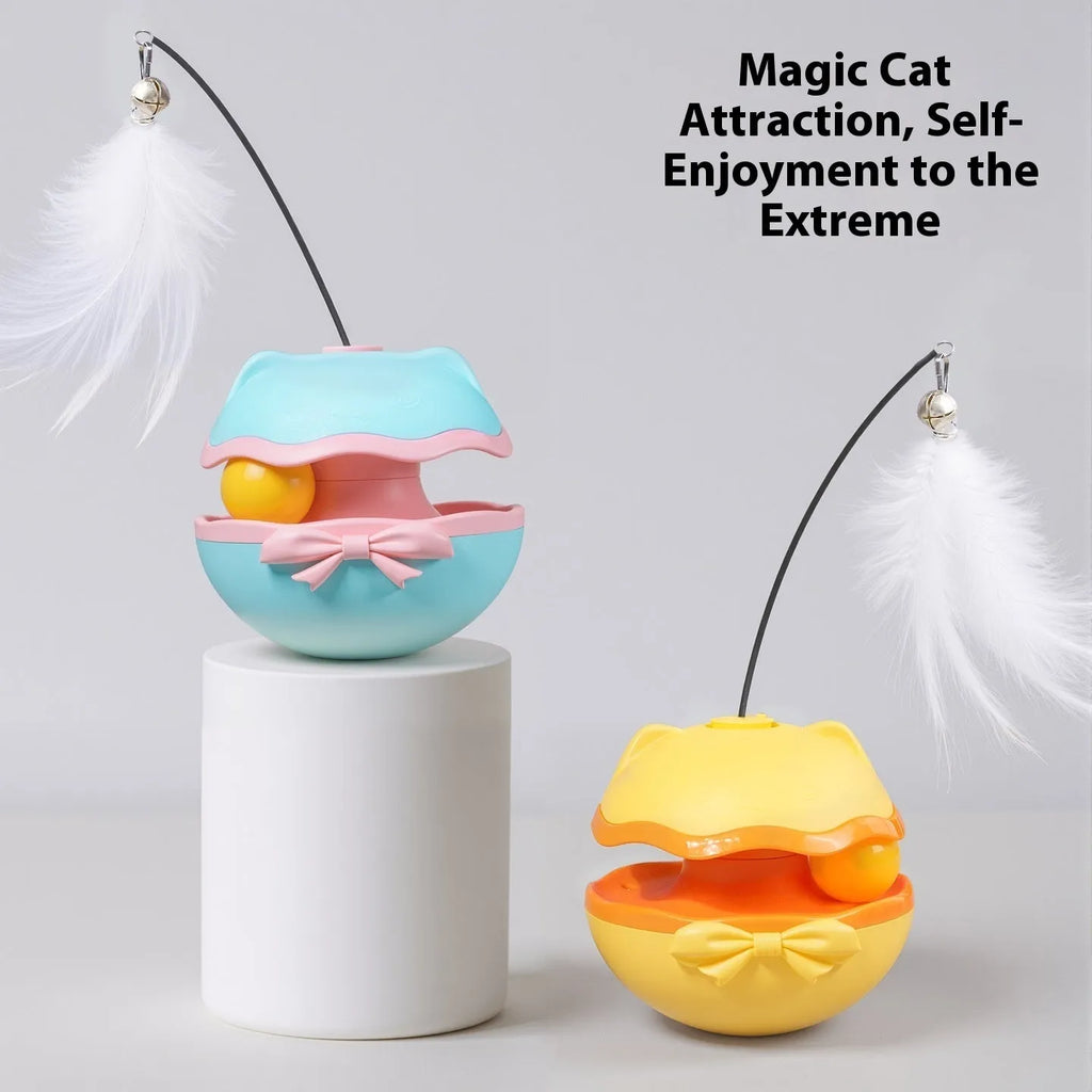 Electric cat toy tumbler with teasing stick in lemon yellow, sky blue and soft fog grey colour options