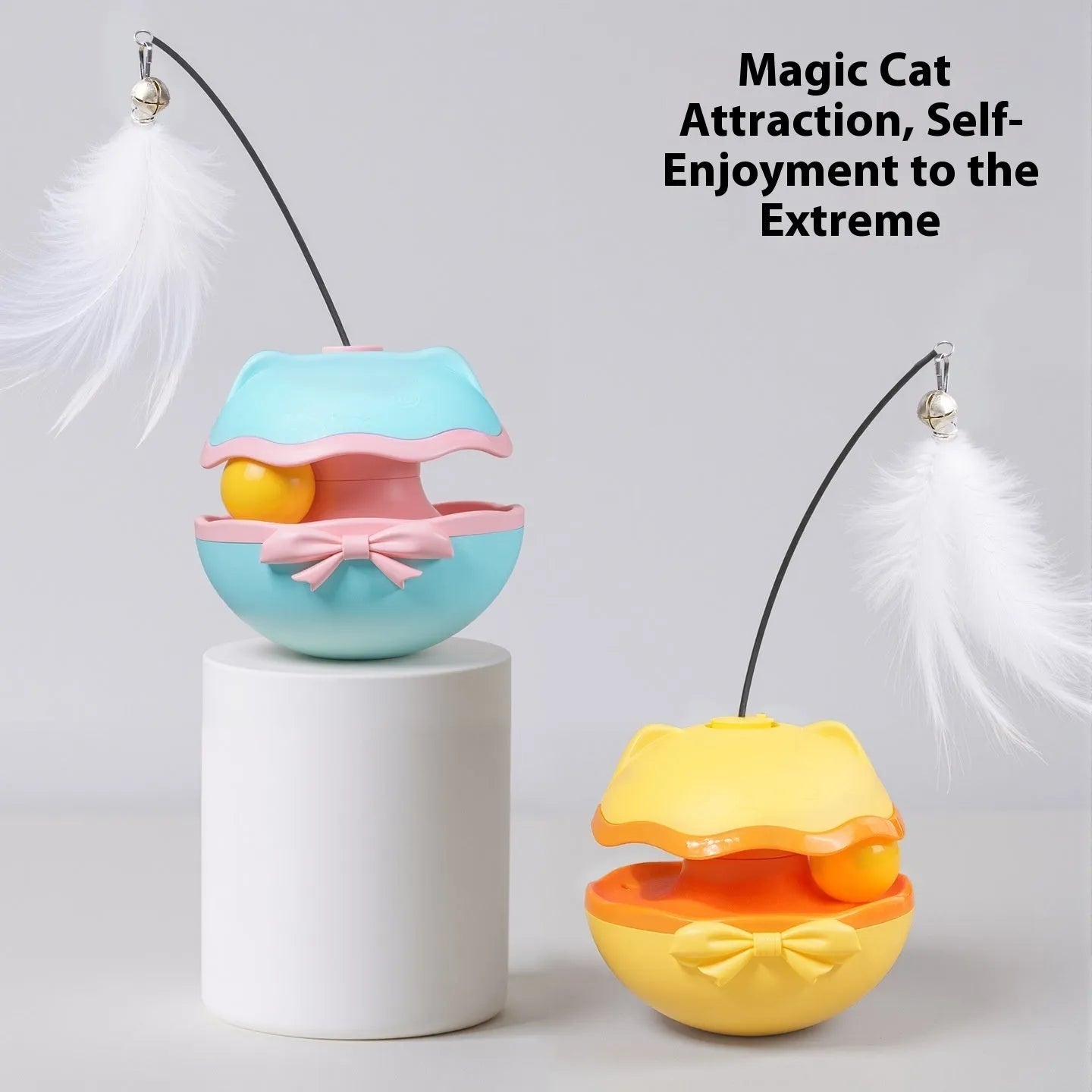 Electric cat toy tumbler with teasing stick in lemon yellow, sky blue and soft fog grey colour options