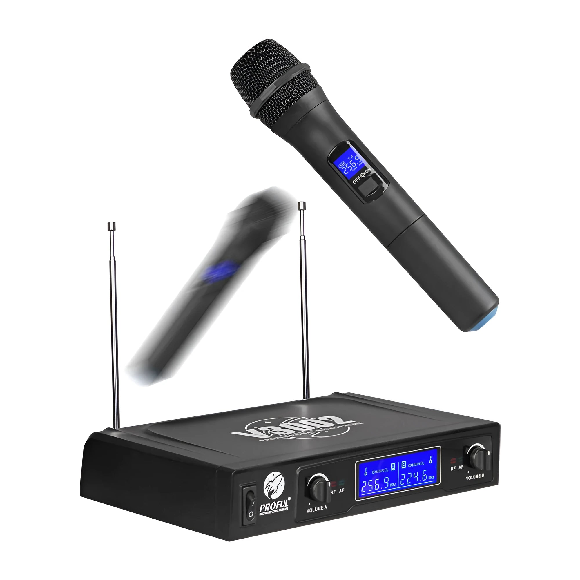 Black V-3002 wireless handheld microphone set with two mics and a transmitter unit