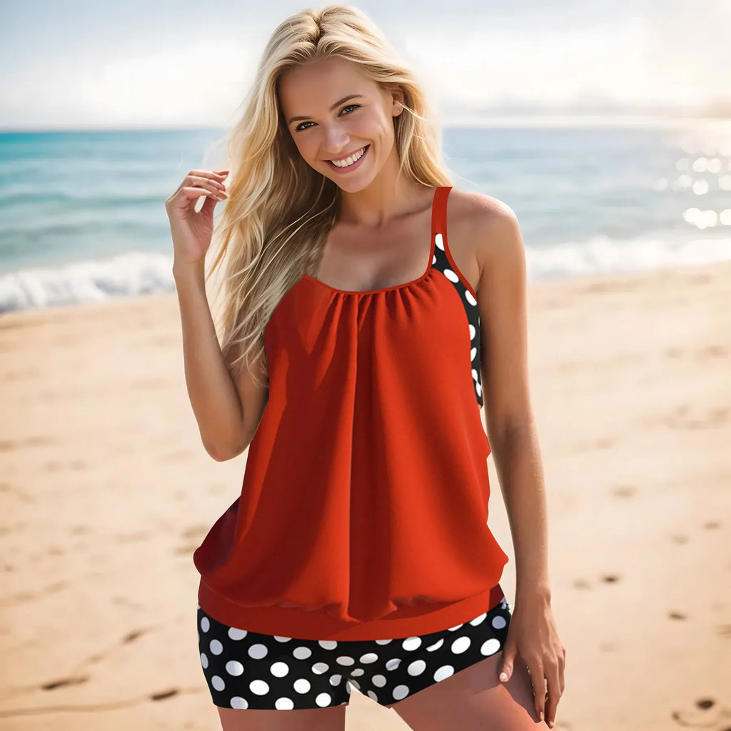 Women's high-waisted polka dot boxer swimsuit in polyester fabric for sports and swimming