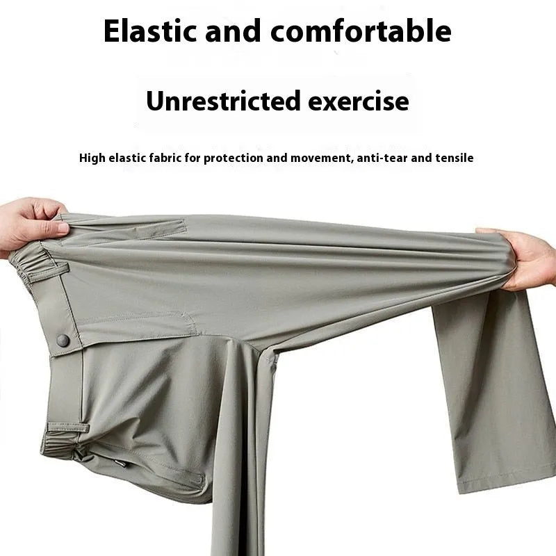 Men's black ice silk leisure trousers with elastic waist and straight leg design laid flat