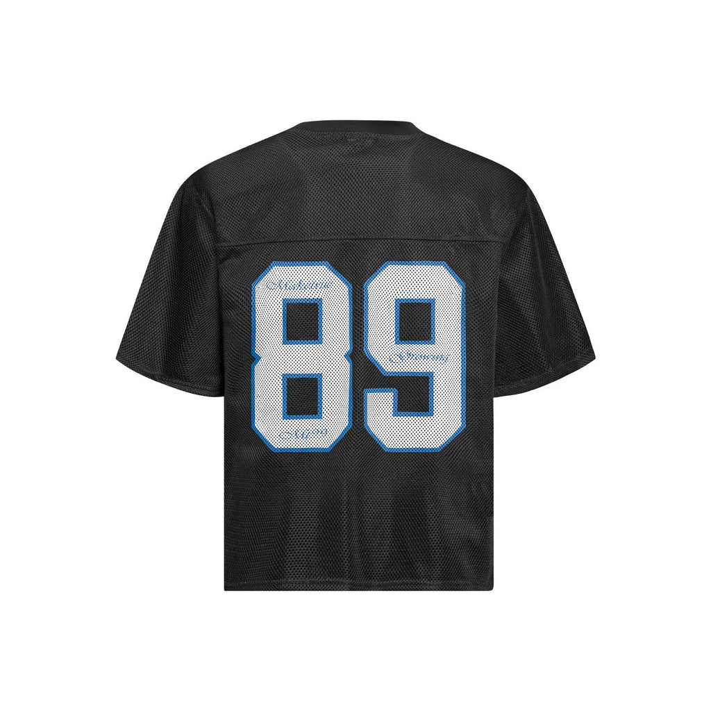 Black and white loose-fit t-shirt with alphanumeric printing on the front