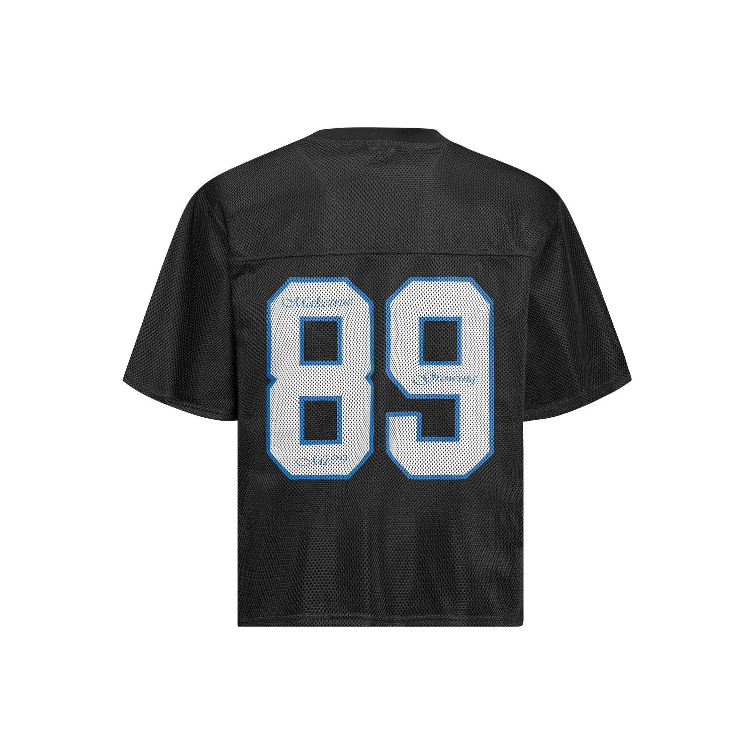Black and white loose-fit t-shirt with alphanumeric printing on the front