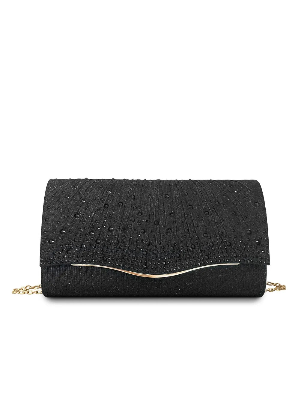 Women's dinner clutch bag in woven fabric with rhinestone dress garment design, available in black, champagne, and silver