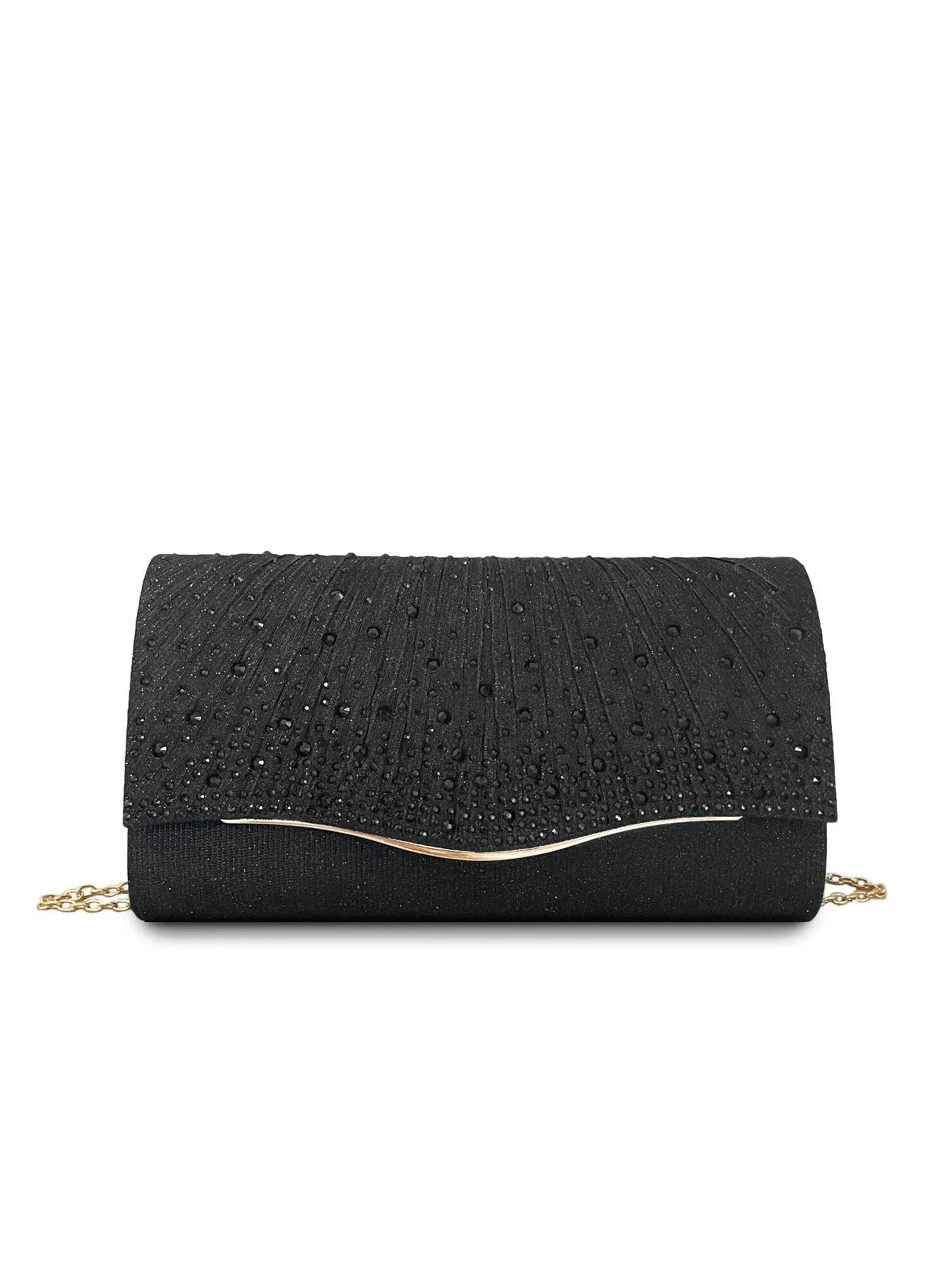 Women's dinner clutch bag in woven fabric with rhinestone dress garment design, available in black, champagne, and silver