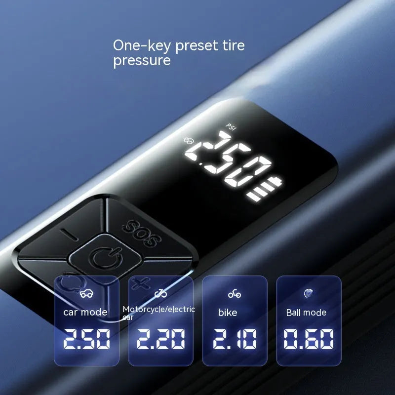 Compact black wireless car tyre inflator and vacuum cleaner with digital screen and LED light