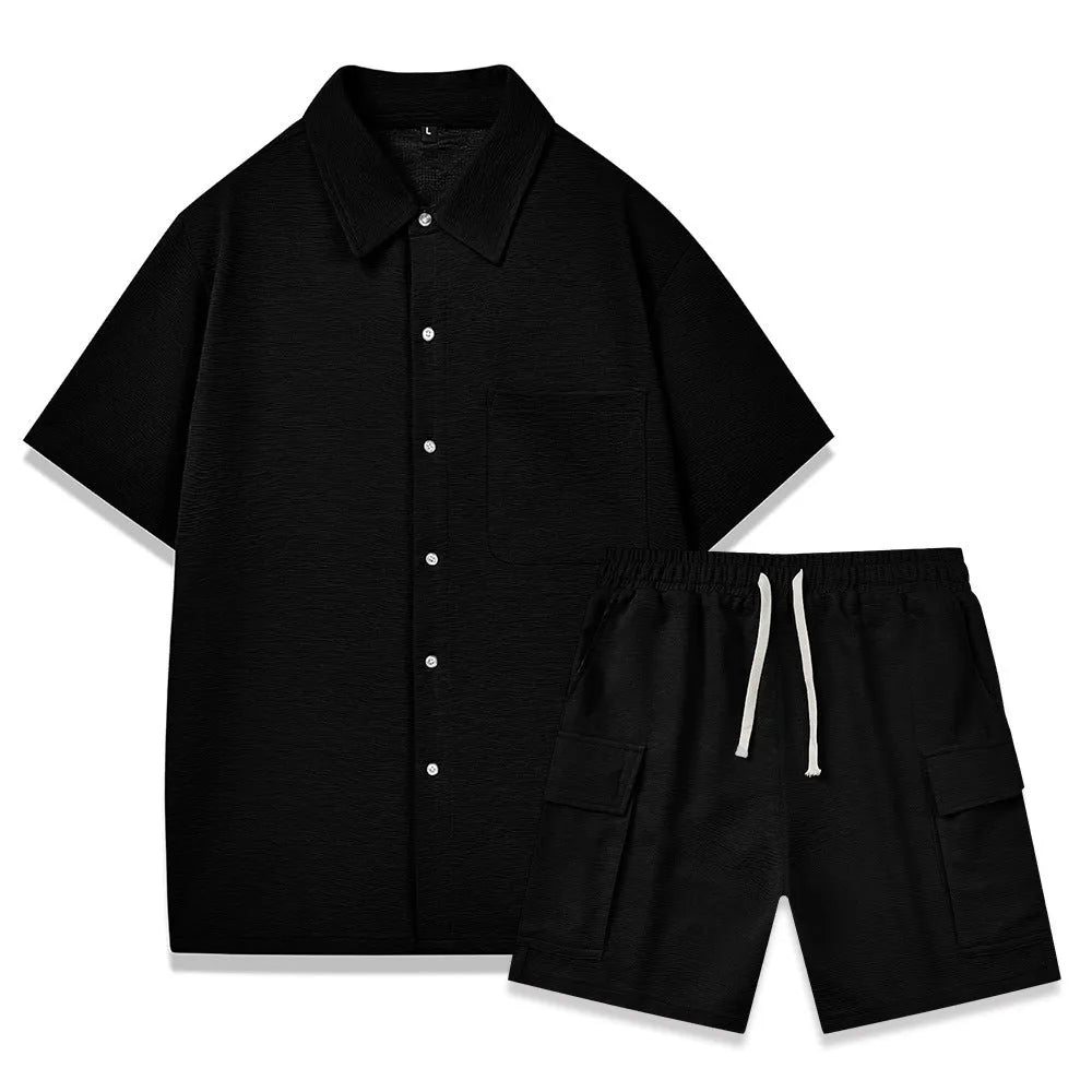 Women's polyester two-piece set with elastic waist shorts and plain short sleeve top in four colour options