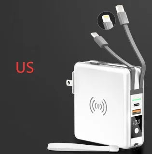 Black and white 10000mAh power bank with wireless charging, a fold-out plug, and international travel adapters.