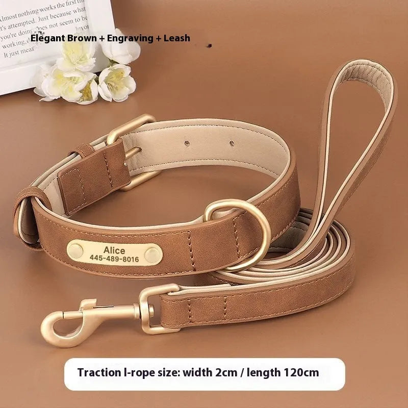 Double-layer leather dog collar and lead set in rose red, brown, or blue for small to extra-large dogs