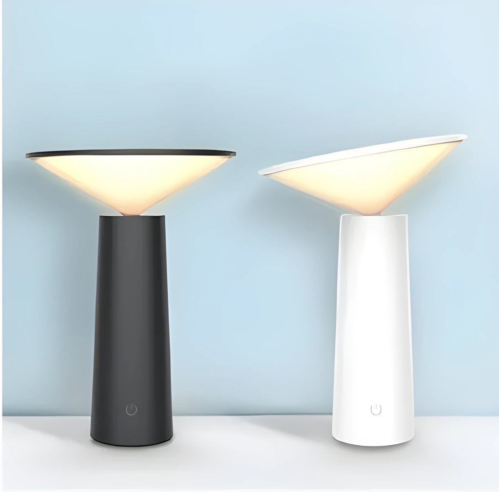 Black USB LED table lamp with touch controls and adjustable 40-degree lamp head on wooden surface