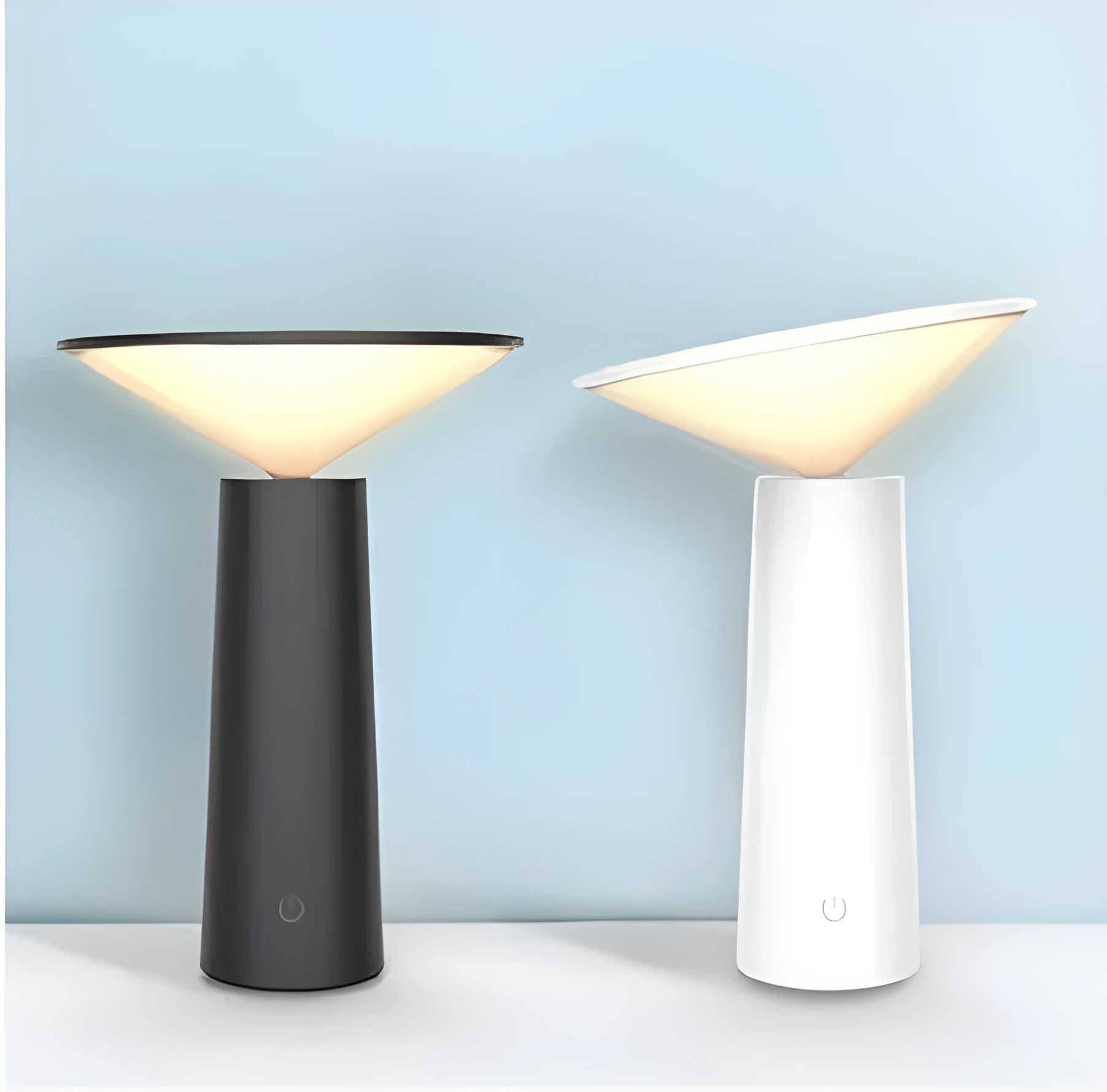 Black USB LED table lamp with touch controls and adjustable 40-degree lamp head on wooden surface