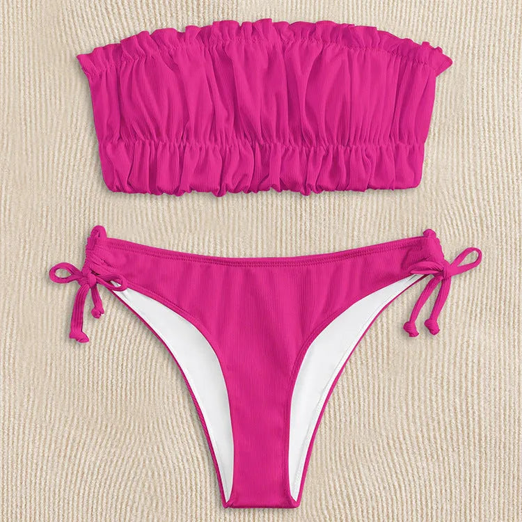 Women's solid colour polyester bikini set with chest pad, no underwire, available in black, white, purple, rose red, green, fluorescent colours, sizes S M L
