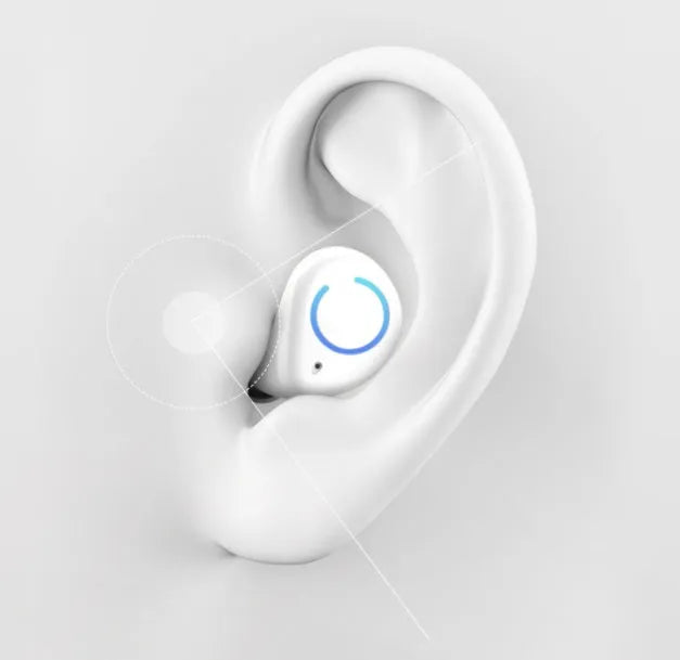 M18 true wireless in-ear stereo headset in black and white colours with charging case.