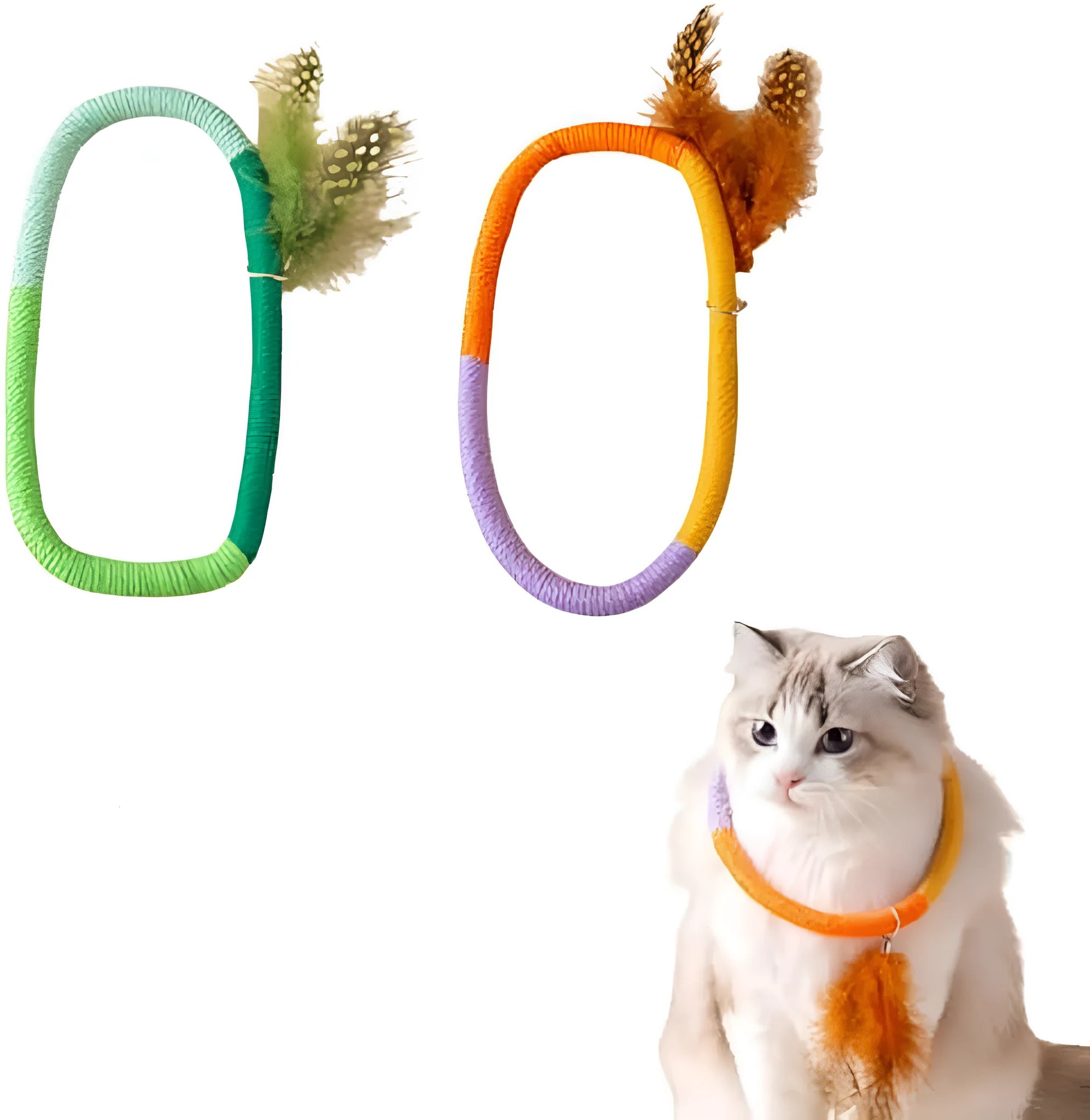 Green cotton rope circular cat toy with feathers and catnip for chewing and interactive play
