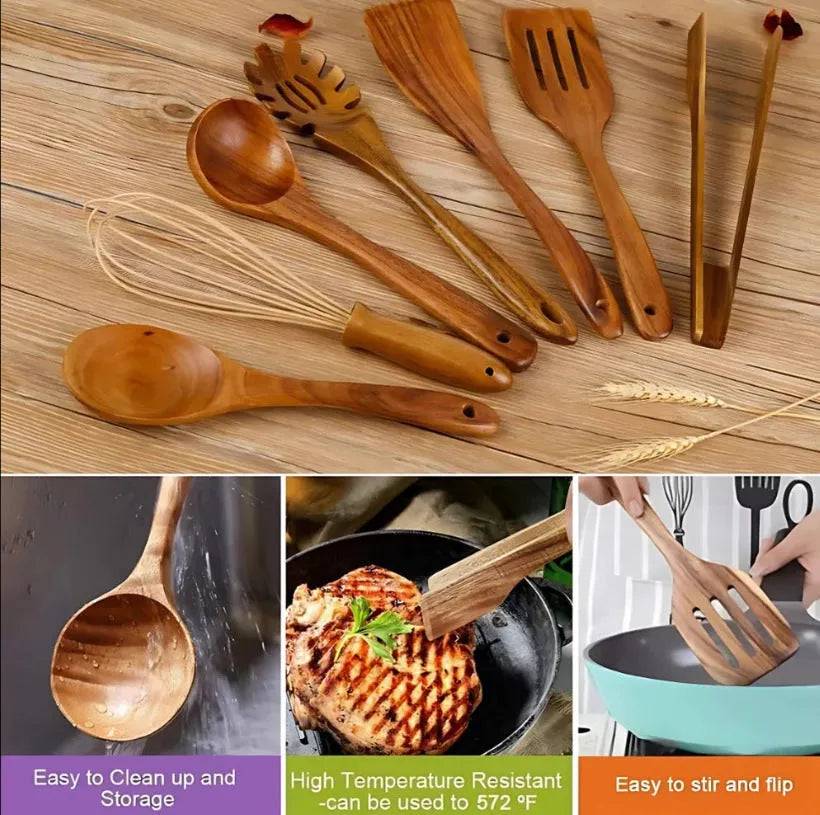 Seven-piece wooden cooking utensil set with spoon and shovel for non-stick pans