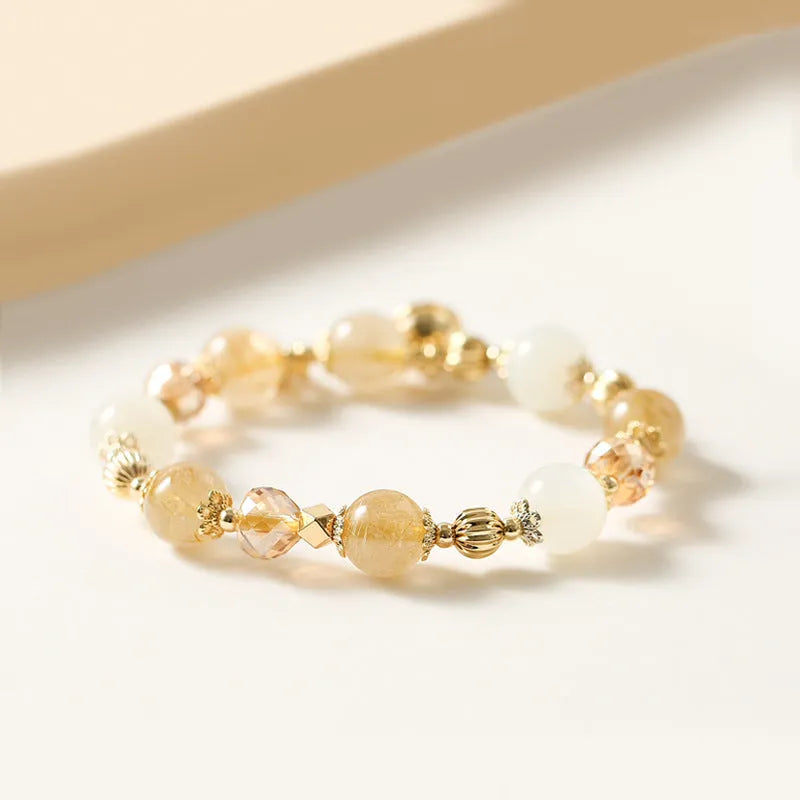 Gold electroplated rutilated quartz crystal bracelet with adjustable band in Korean style