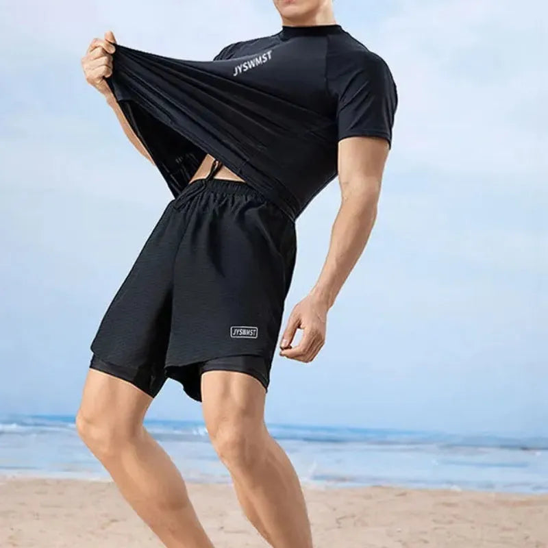 Men's plus size swimming trunks and top set in polyester fabric