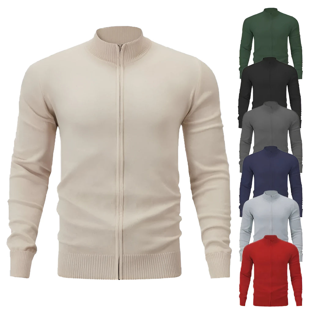 Man wearing a stand collar casual zip-up sweater in a solid colour, showing the full-length front zipper and loose fit.