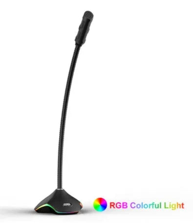 Black wired condenser microphone on a desktop stand with a pop filter sponge, 3.5mm cable connected.