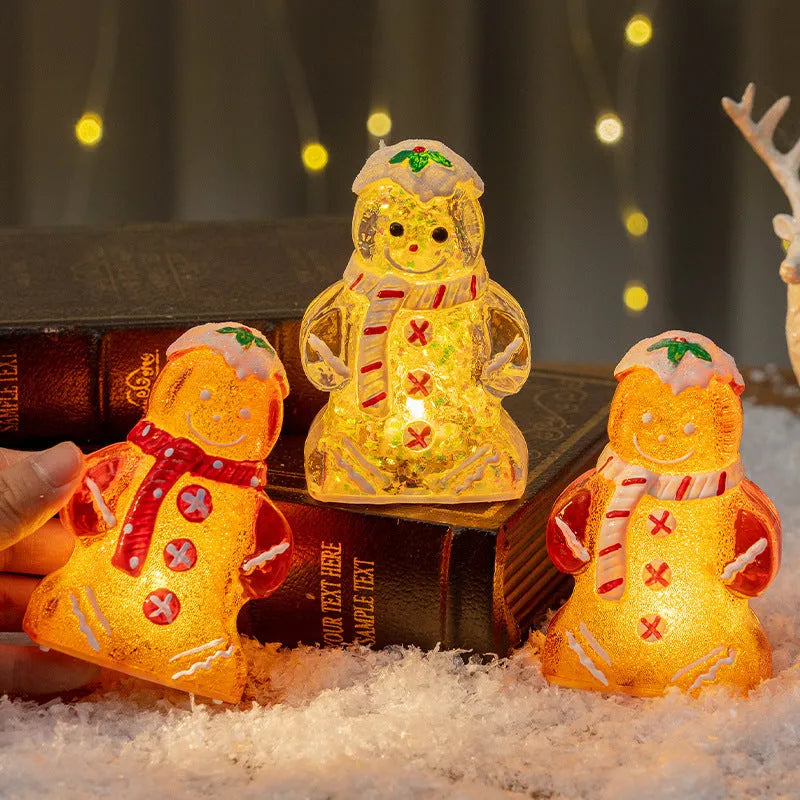 Glowing gingerbread man Christmas ornament with snowman design in four scarf colour options