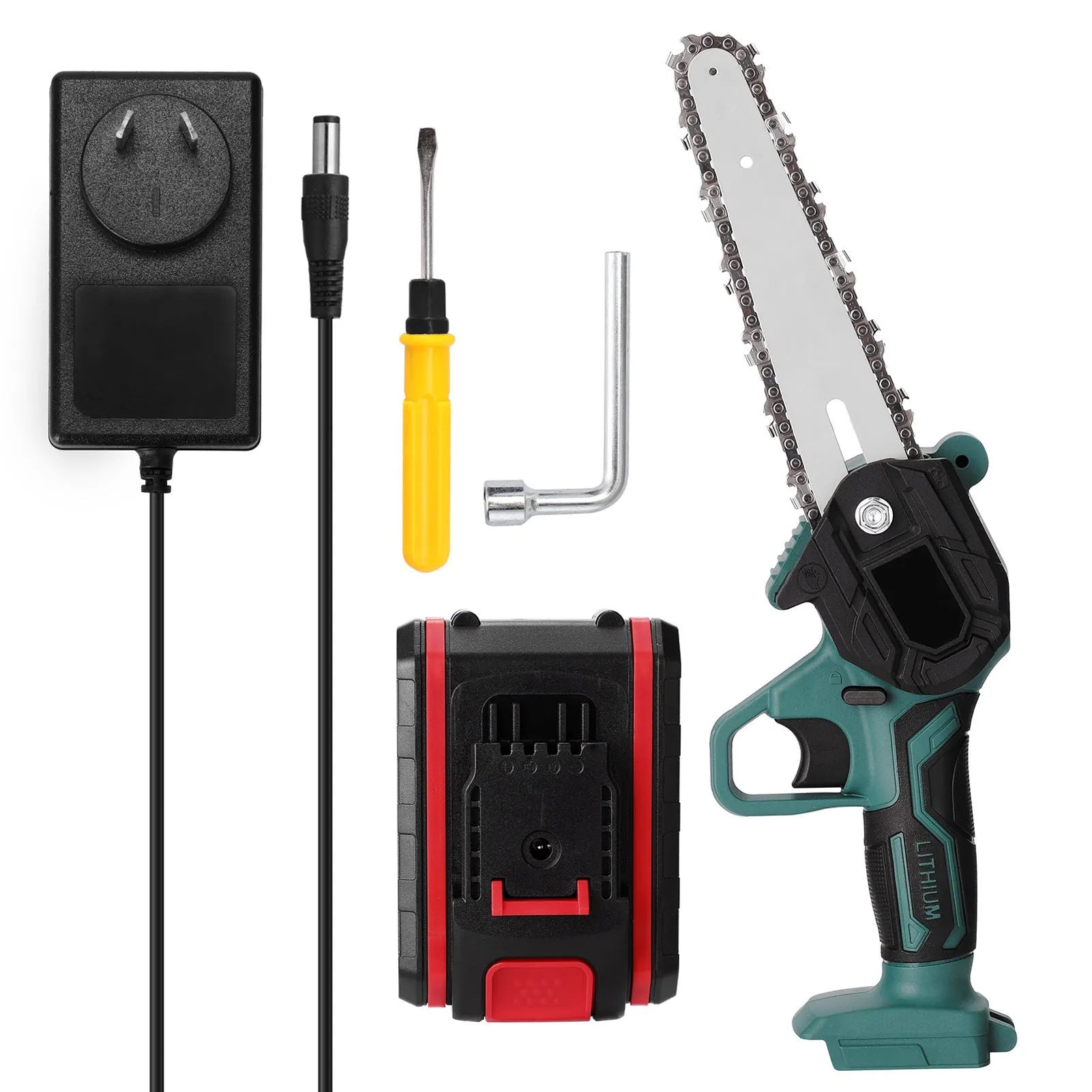 Black mini electric chainsaw with green accents, showing compact one-hand design and 4-inch cutting bar