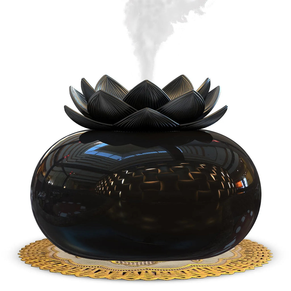 Pure black lotus aromatherapy humidifier with USB connection and ceramic construction