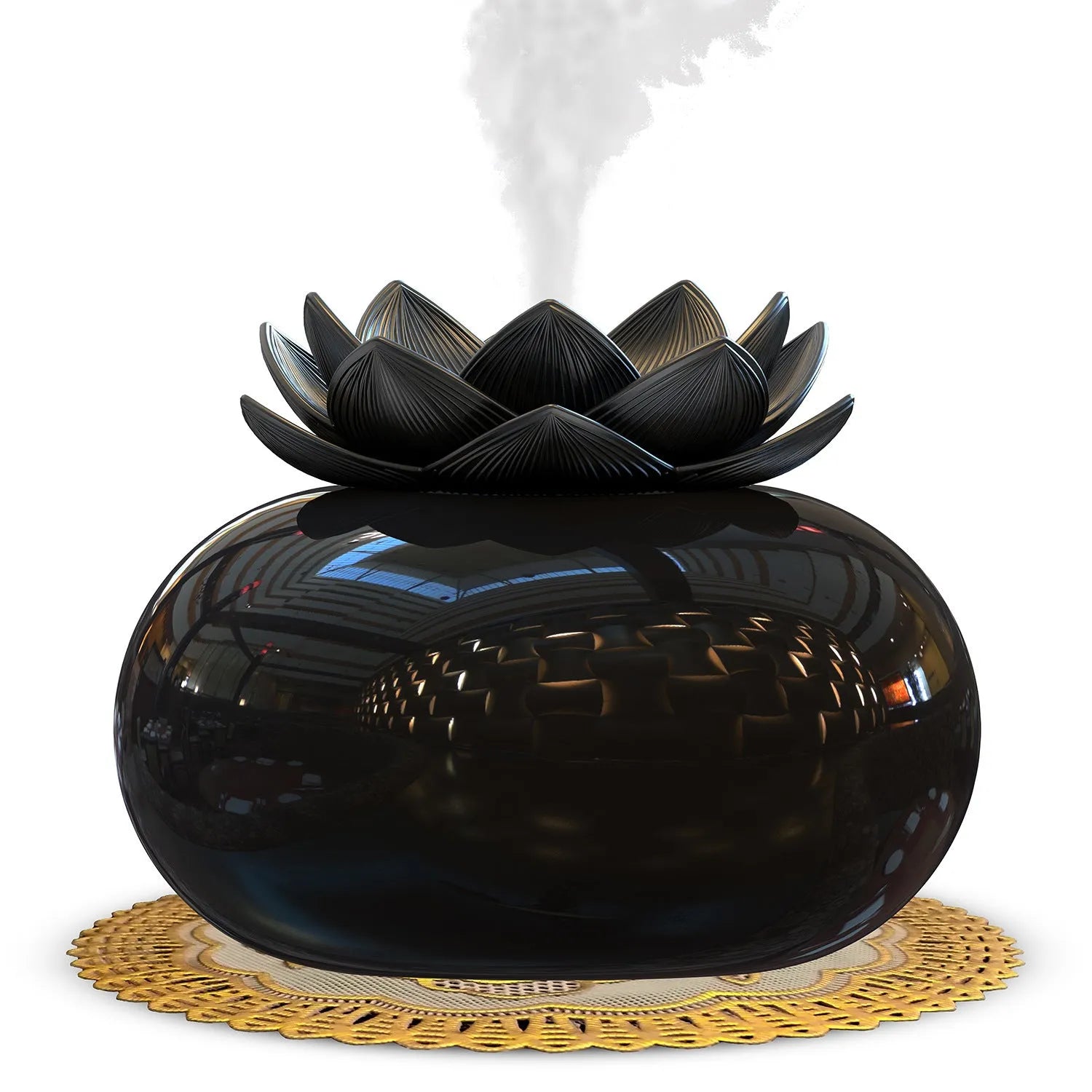 Pure black lotus aromatherapy humidifier with USB connection and ceramic construction