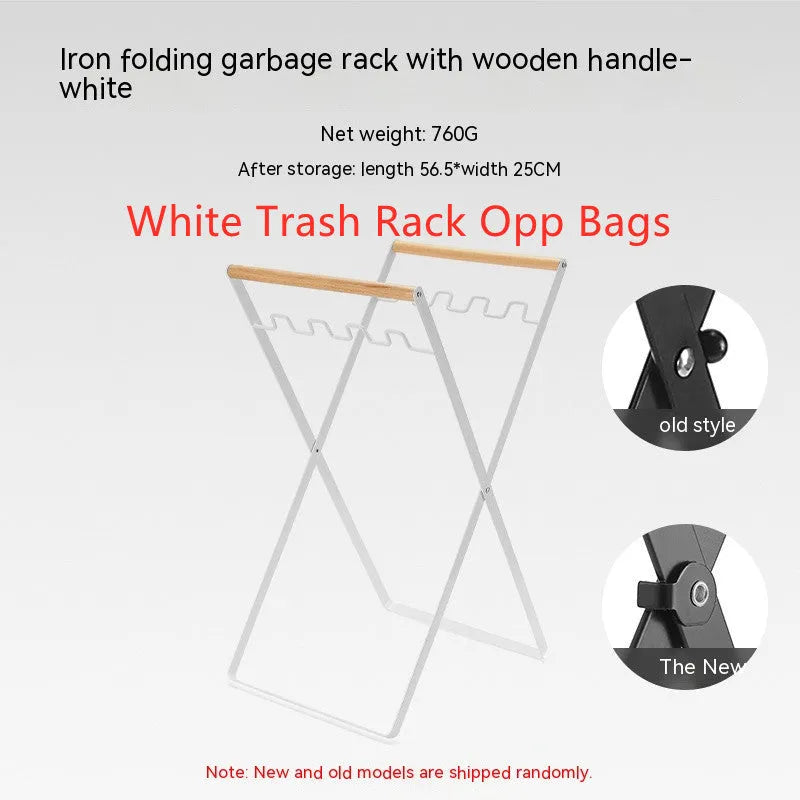 Black iron folding trash storage rack with wooden handle mounted on a wall.