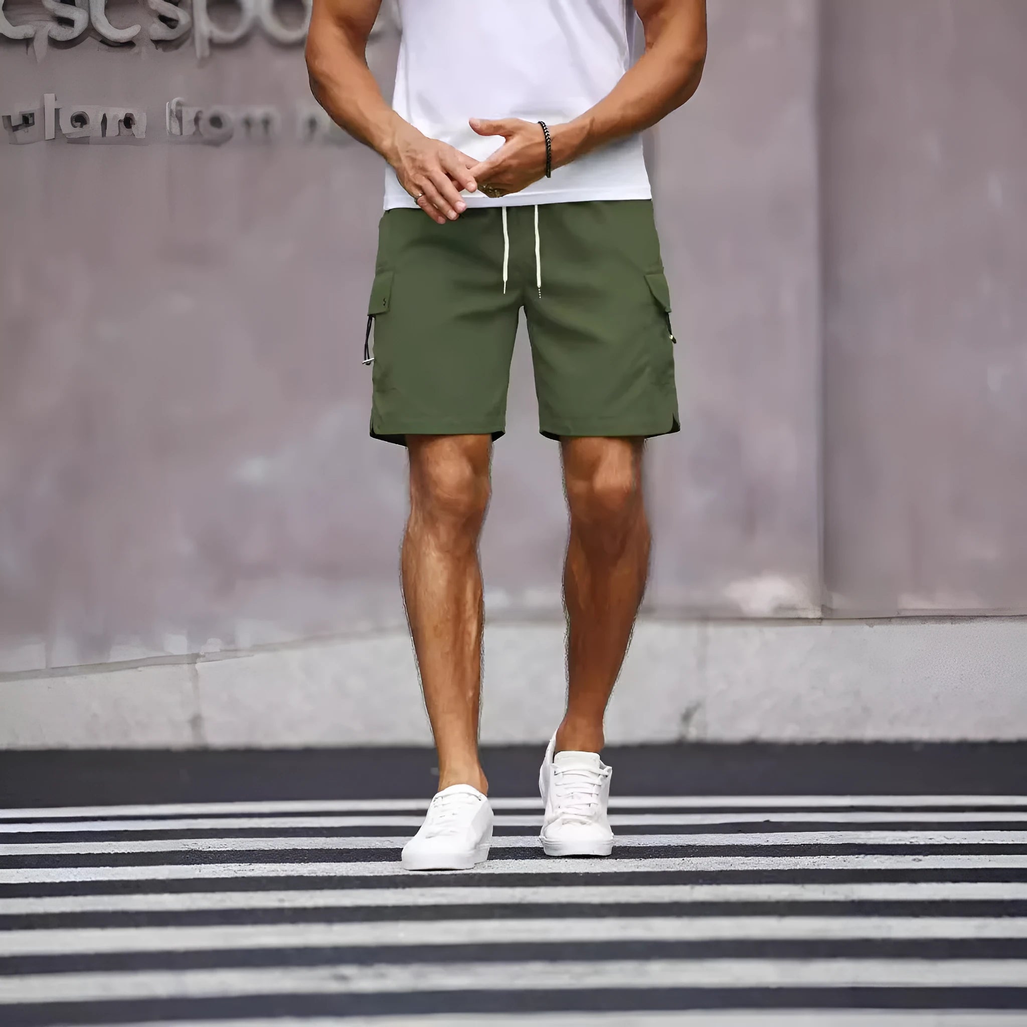 Men's straight-leg workwear shorts in cool silk cotton fabric, available in fluorescent green and army green colours