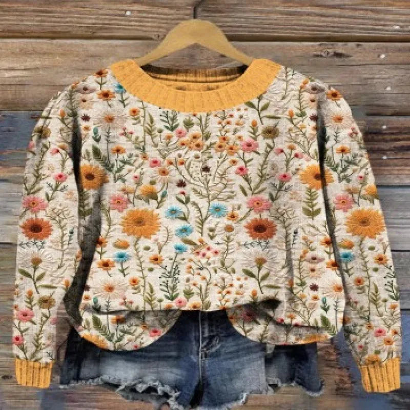 Little Flower digital printed round neck sweater in a floral pattern on a polyester fabric.