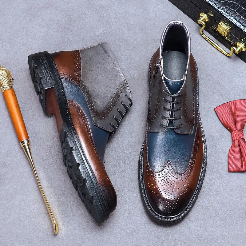 Coffee blue men's leather brogue ankle boots with decorative stitching and front laces.