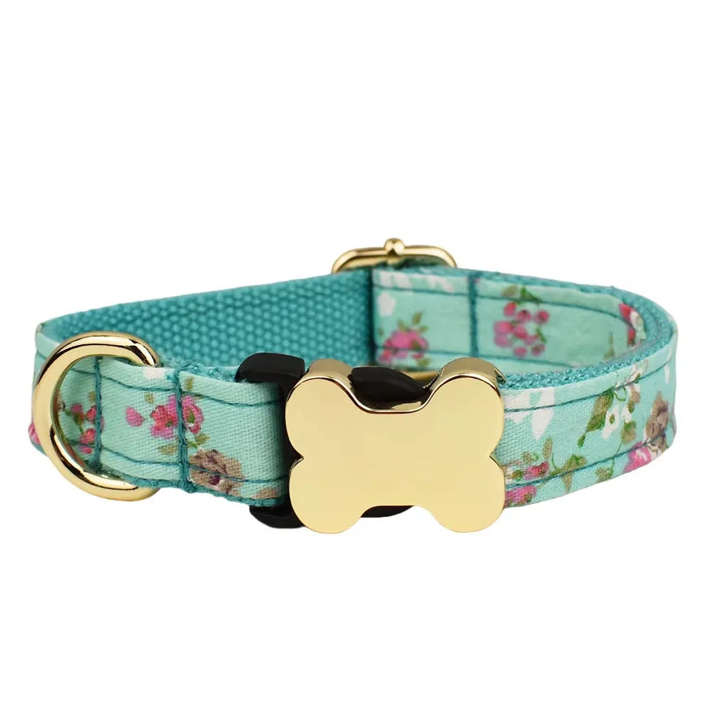 Nylon dog collar with printed grid pattern and metal bone buckle in multiple colour options