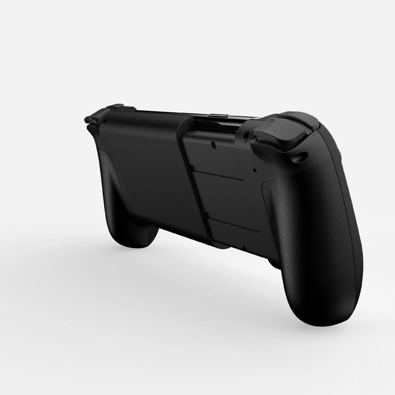 Black Bluetooth stretch game controller attached to a smartphone showing trigger buttons.