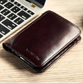 Men's genuine leather wallet open showing multiple internal compartments including card slots and secret pocket