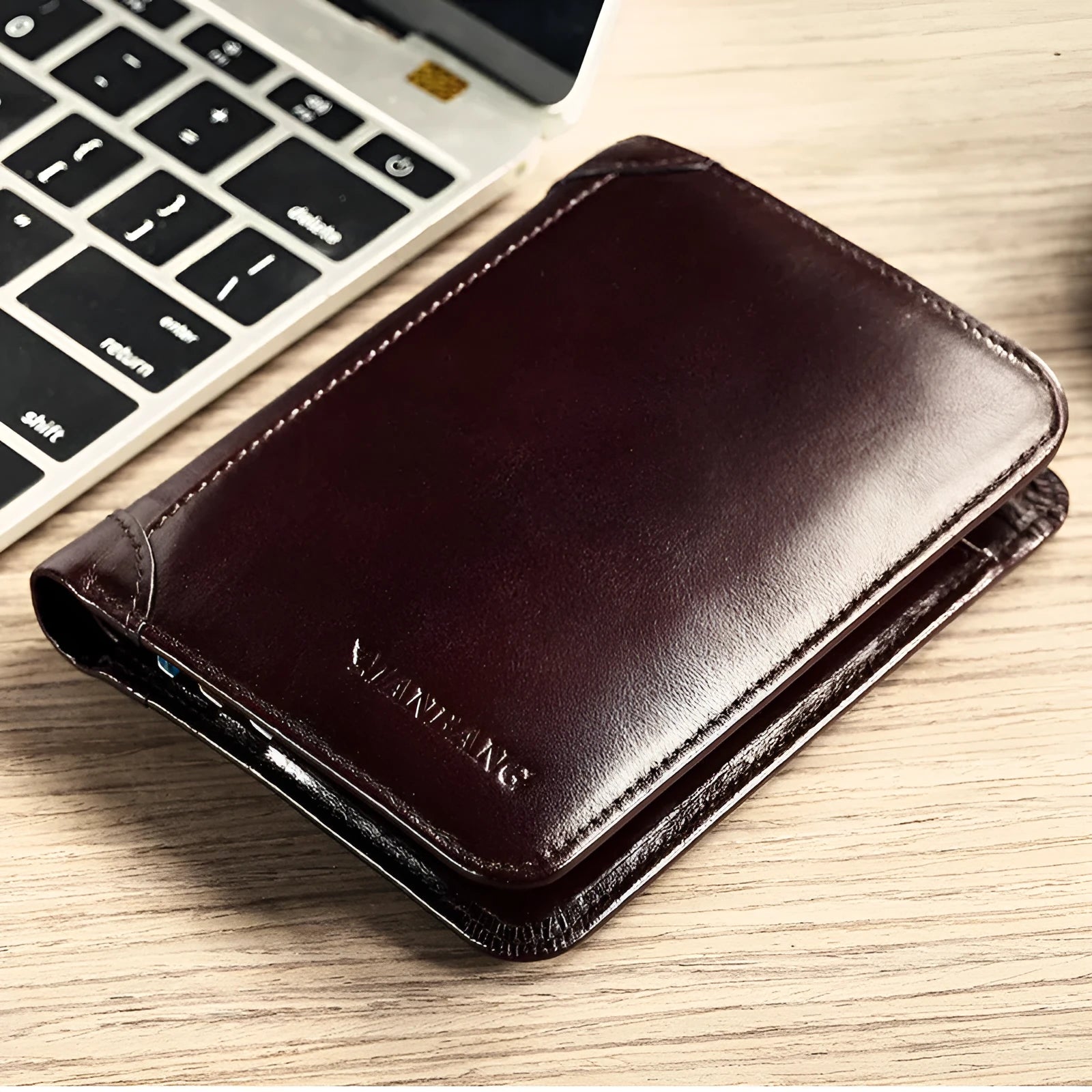 Men's genuine leather wallet open showing multiple internal compartments including card slots and secret pocket