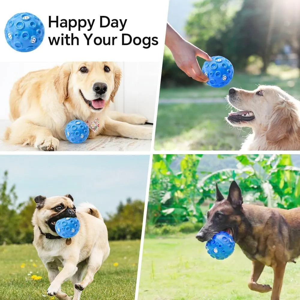 Colourful natural rubber dog toy ball with textured meteorite bumps for aggressive chewers with squeaky sound