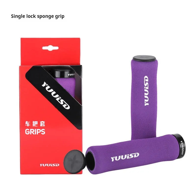 Mountain bike sponge handlebar grip covers in black, purple and biange colours showing soft material and lock-on design