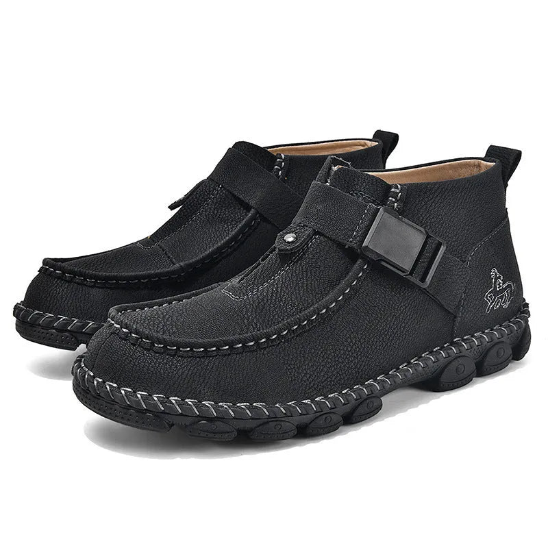 Men's black handmade stitching slip-on casual flat shoes with a low heel.